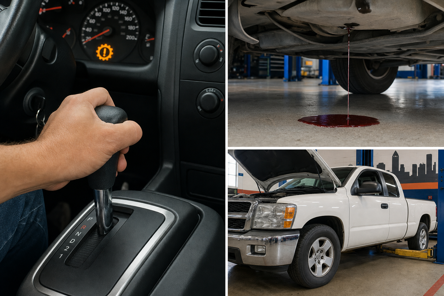 Create a clear, direct composition illustrating identifiable vehicle issues—such as dashboard warning lights, visible transmission fluid leaks, or a driver demonstrating rough gear shifting—without causing alarm or negativity.