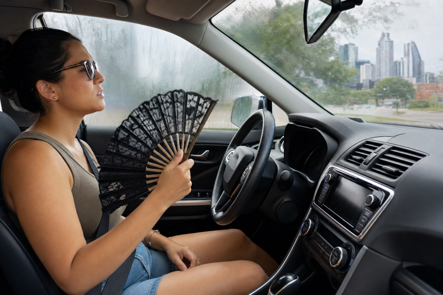 Display a relatable Houston driver fanning themselves uncomfortably inside their vehicle, with fogged-up or frosty windows indicating climate control issues.