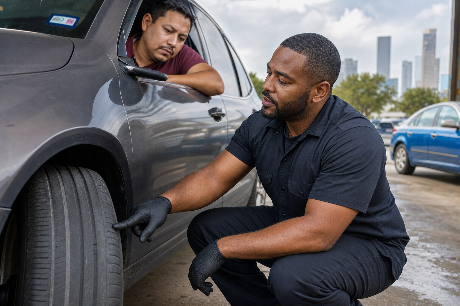 Show a close-up of a Houston resident’s vehicle tire with visible uneven wear, next to an RJ’s mechanic gesturing to the problem, engaging with the customer (driver visible, nodded toward).