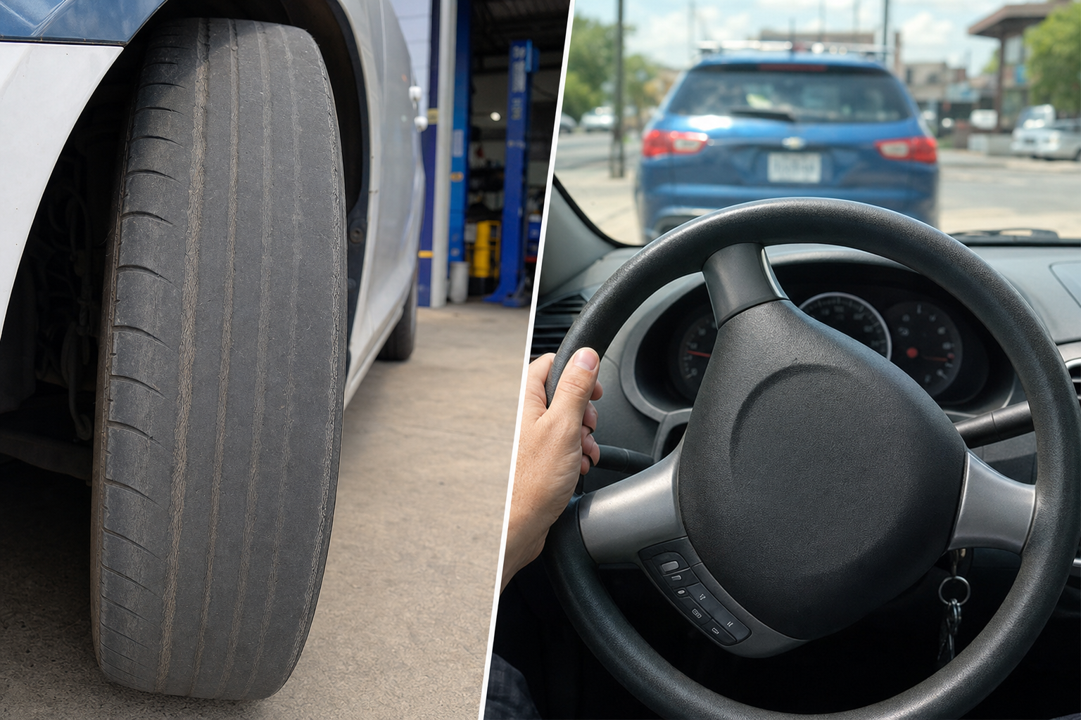 Show a close-up of a car tire with clear, uneven tread wear, juxtaposed with a steering wheel slightly off-center. Both problems are visible in a single composite or split image, captured at RJ’s Auto Repair lot.
