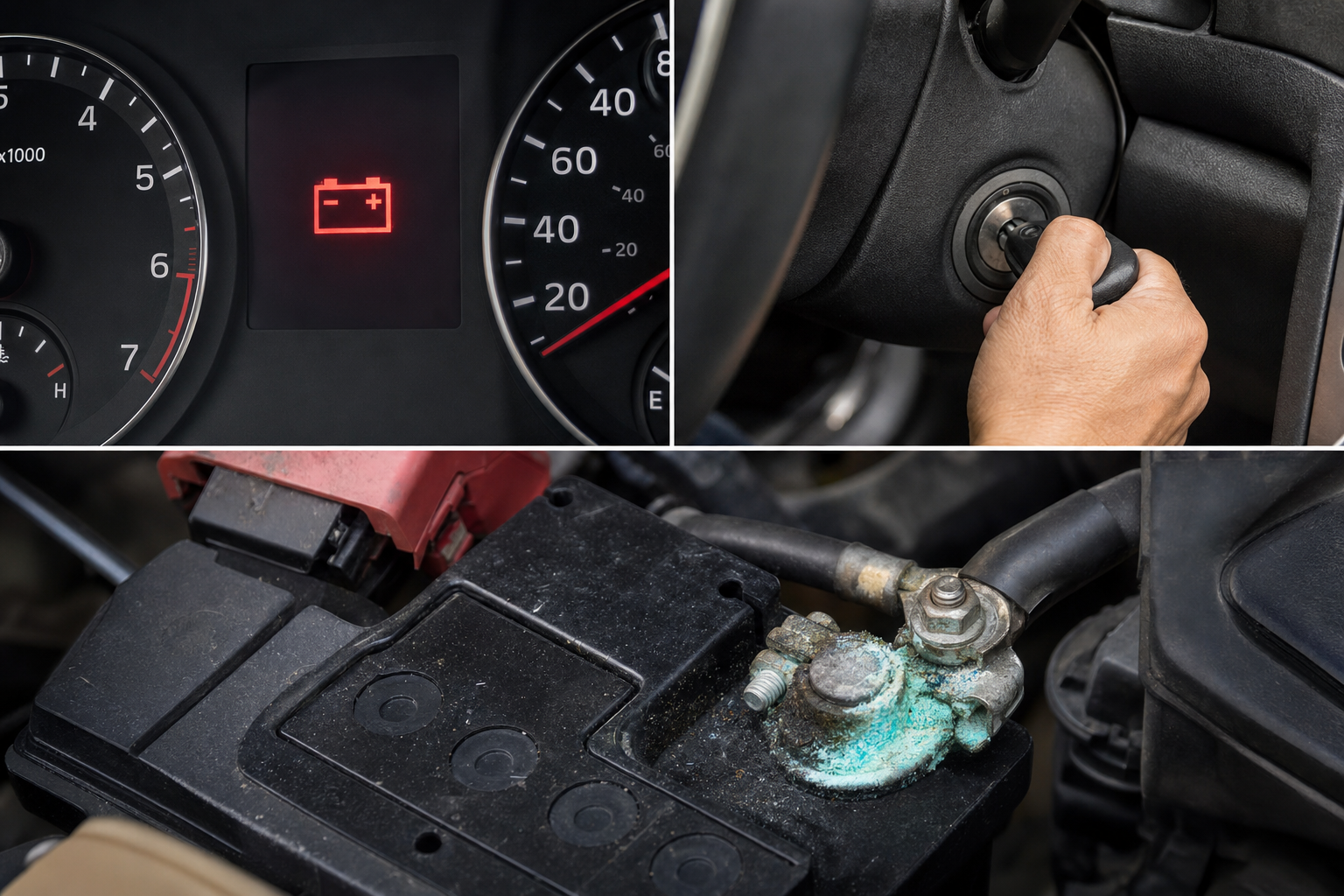 Show a close-up sequence of vehicle dashboard warning lights, a sluggish ignition, and corroded battery terminals to highlight common battery failure symptoms.