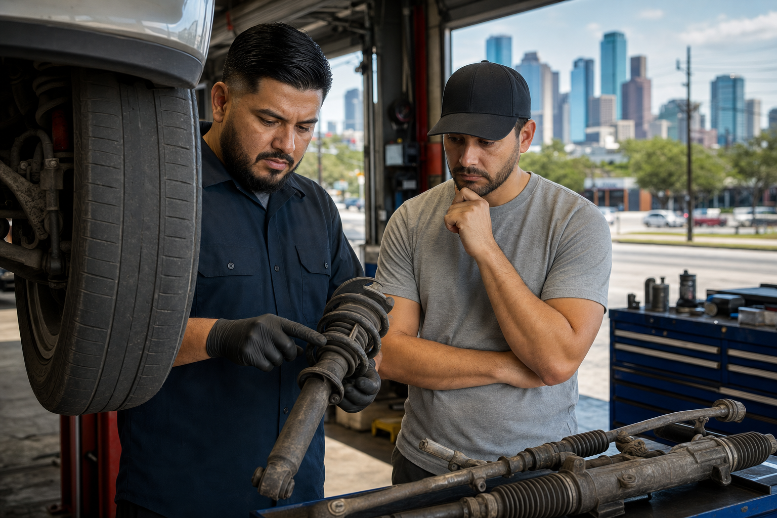 Illustrate a Houston car with visible signs of suspension or steering trouble—such as a technician pointing to uneven tire wear, worn shocks, or loose steering—engaging a concerned customer in the service area.