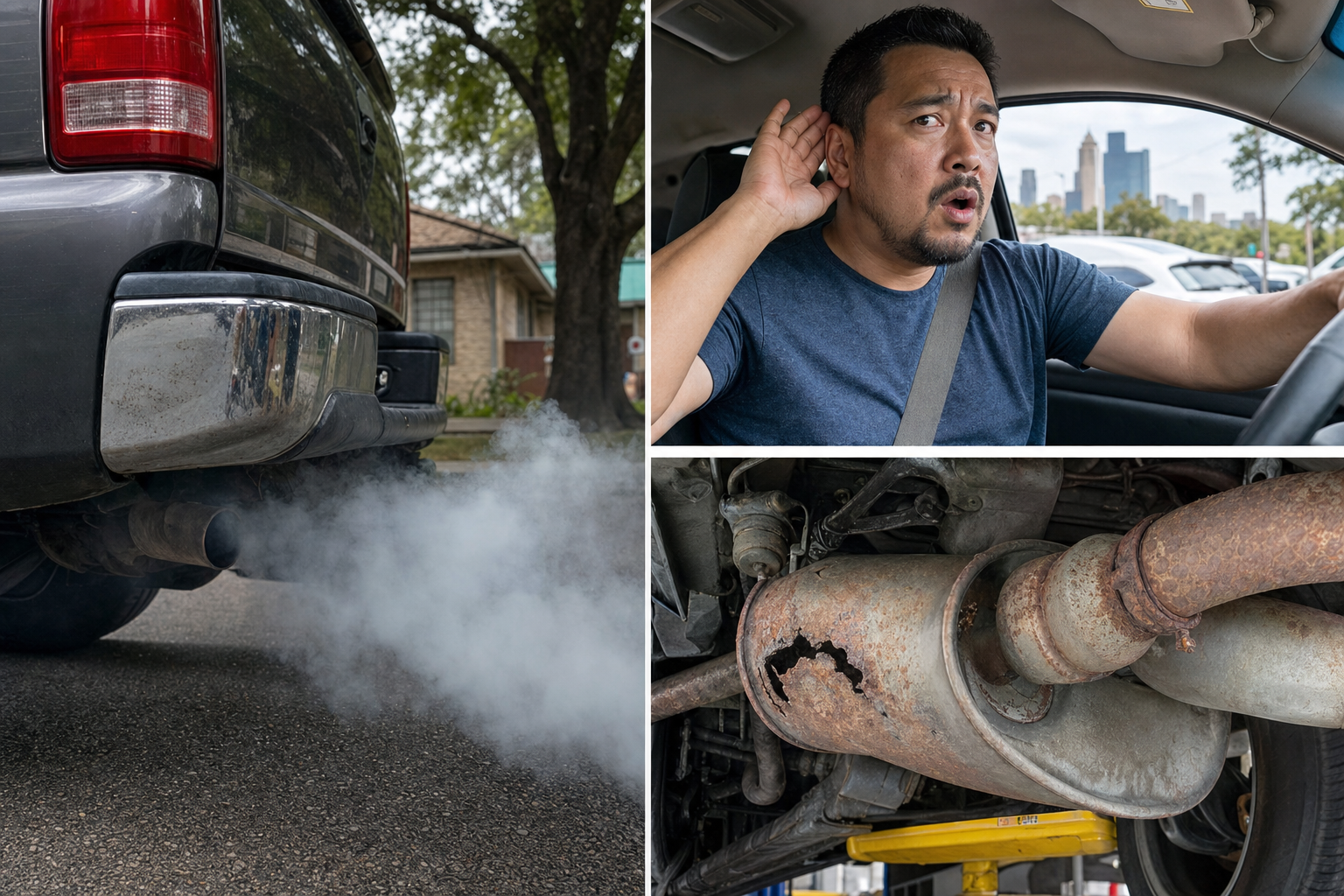 Split or collage image highlighting several visual and situational signs—a vehicle’s tailpipe emitting excessive smoke, a driver reacting to a loud exhaust noise, and a corroded muffler underneath a car. Reinforce RJ’s expertise in diagnosing these issues for Houston drivers.