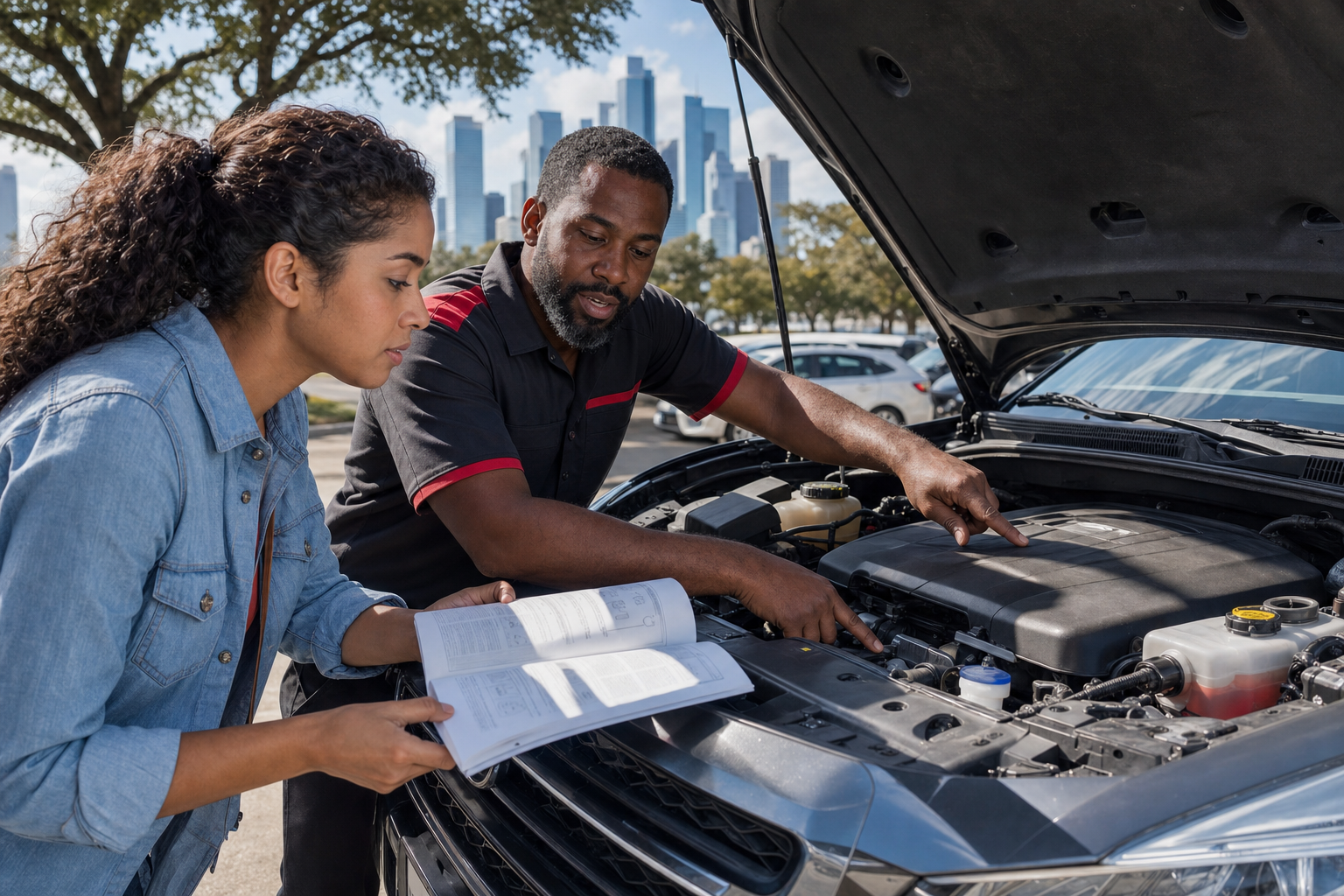 Depict a Houston driver (adult, diverse representation) checking their vehicle’s dashboard maintenance reminder, consulting the owner’s manual, or discussing signs (like uneven tire wear or fluid checks) with an RJ’s technician.