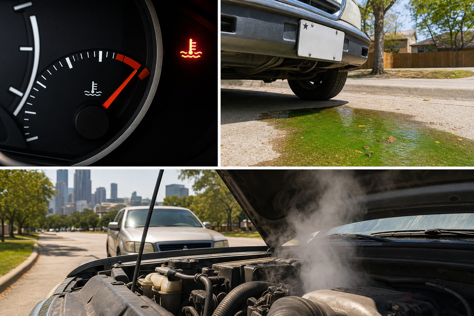 Create a collage or sequence showing clear signals of radiator trouble: dashboard temperature gauge in the red, leaking coolant under a parked car, and steam rising from under a hood. These real-life cues warn customers what to look for.