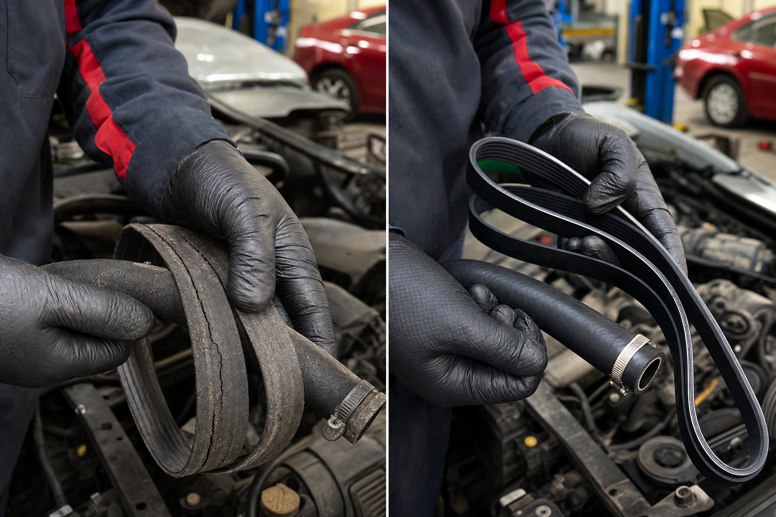 Feature a close-up split image: one side shows a cracked, worn belt and an old, brittle hose; the other side shows new, replacement parts installed by an RJ’s Auto Repair technician. This comparison highlights what customers should look out for.