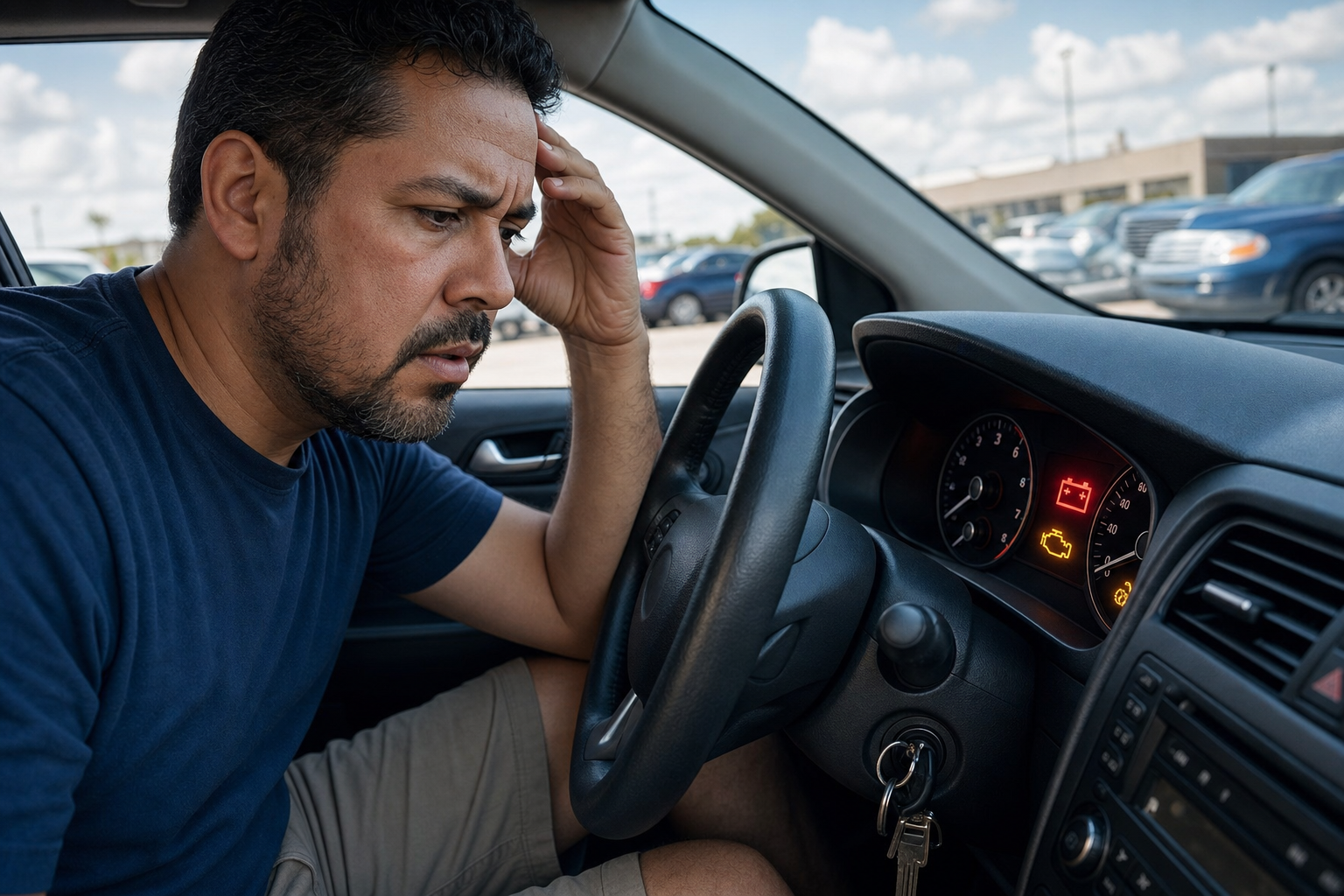 Depict a worried driver noticing dashboard warning lights inside their car, with focus on illuminated icons and subtle cues of electrical malfunction.
