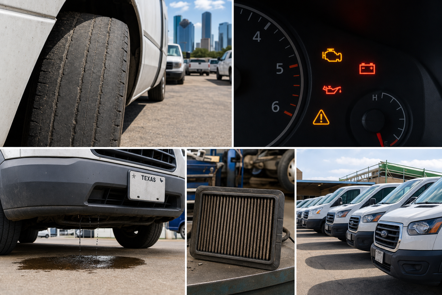 Show a collage or single image of fleet vehicles with common signs of wear, such as tire tread issues, check engine lights, or leaking fluids, highlighting the need for professional fleet maintenance.