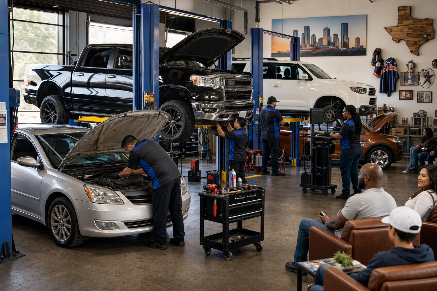Provide a wide-angle view of the garage interior, showing multiple work bays with a diverse selection of customer vehicles being serviced by RJ’s team, supporting the shop’s capability and scale.