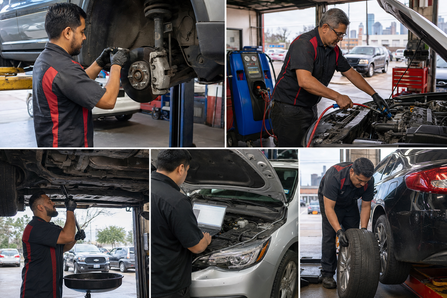 Display a grid or lineup of different real service scenes at RJ’s: brake replacement, oil changes, AC repair, diagnostics, and tire services, each with genuine RJ’s staff working on a variety of vehicles.