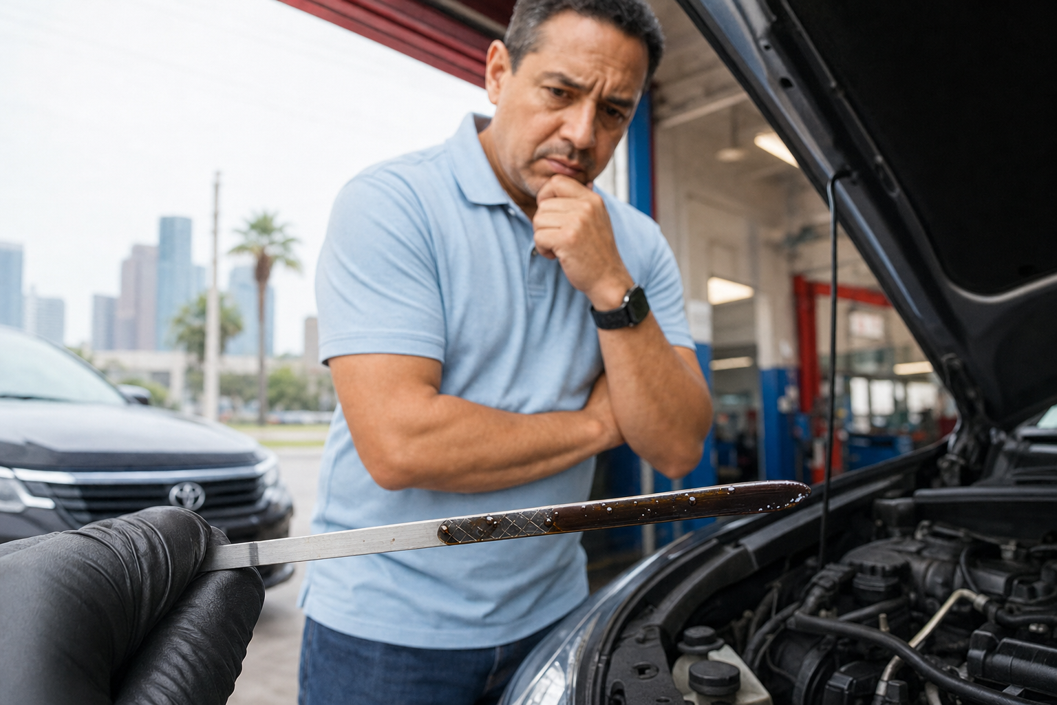 Depict a close-up of an oil dipstick from a real customer’s car, showing dark, dirty oil, with a concerned Houston driver in the background.