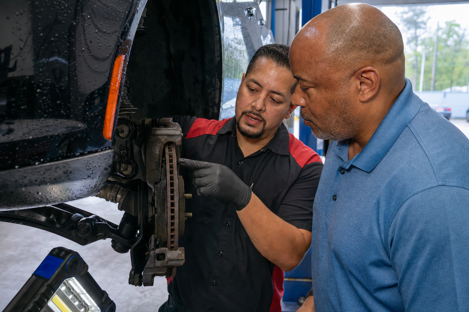 Depict a close-up of a car’s brake system with clear signs of wear, such as thin pads, scored rotors, or dust, while a technician points out a specific problem to a real Houston driver.