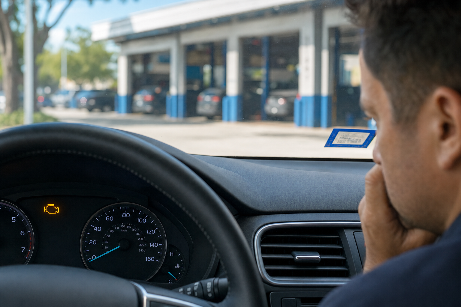 Depict a close-up of a car dashboard showing a check engine warning light, paired with a background hinting at the RJ's garage setting. Optionally, include a concerned driver observing the light.