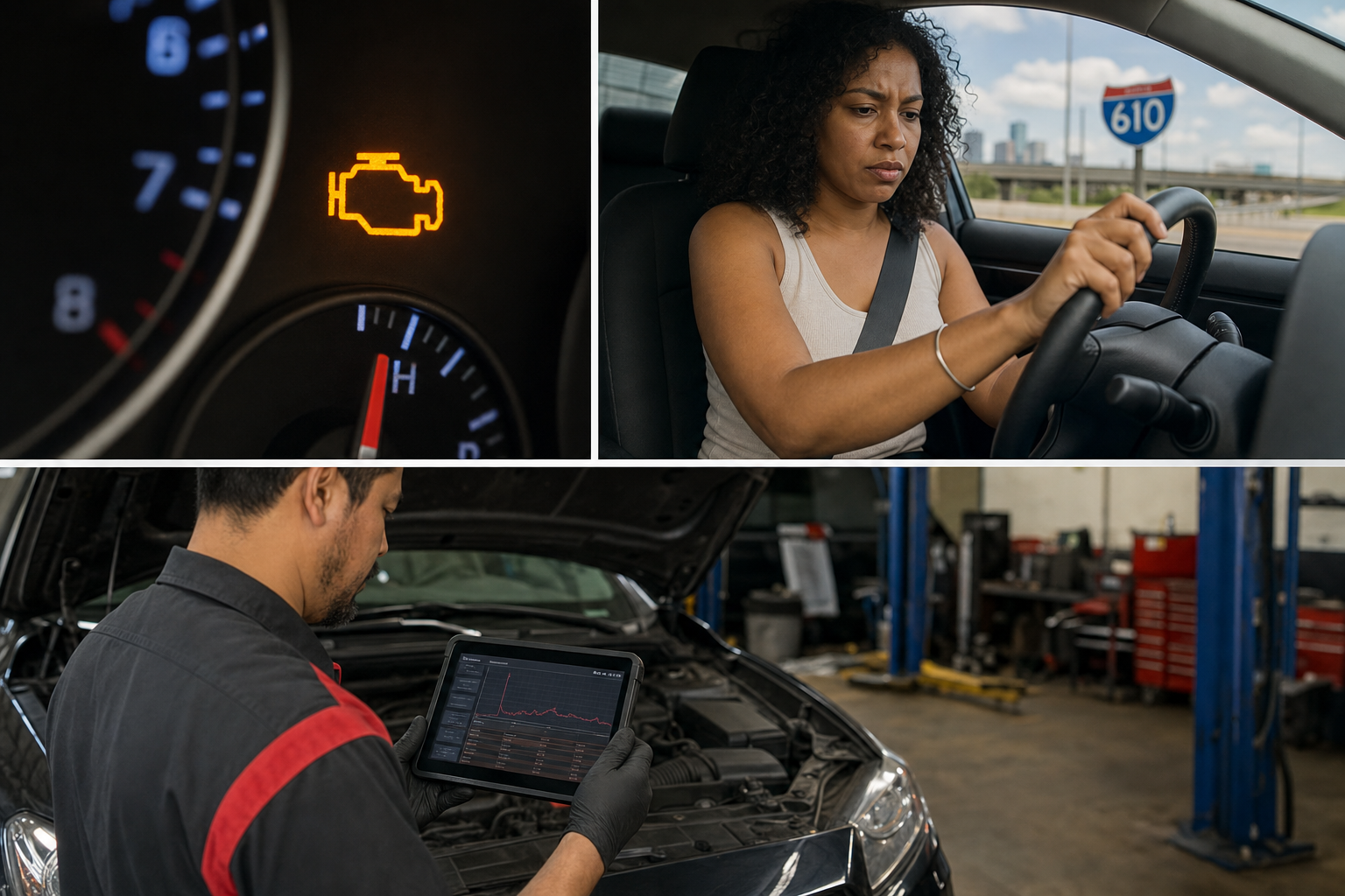 Create a collage image showing close-ups of a flashing check engine light, a Houston driver looking concerned behind the wheel, and a mechanic reviewing diagnostic codes on a tablet.